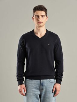 Tommy Hilfiger - Navy Blue Solid Regular-Fit Cotton Sweater