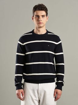 Tommy Hilfiger - Navy Blue Striped Regular-Fit Cotton Sweater