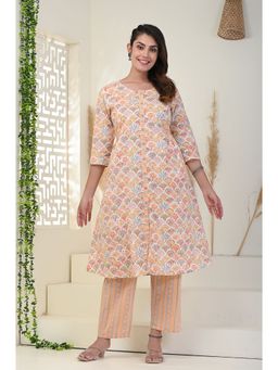 KIKU - Peach Shell Printed Kurta Pant (Set of 2)
