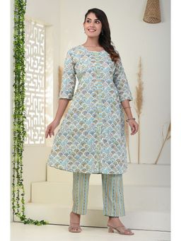 KIKU - Light Green Shell Printed Kurta Pant (Set of 2)