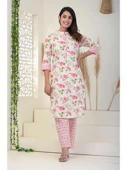 KIKU - Off White & Pink Floral Kurta Pant (Set of 2)