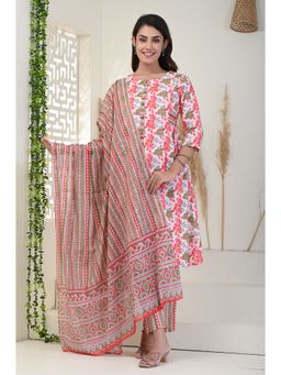 KIKU - Pink & Green Gather Kurta Pant with Dupatta (Set of 3)