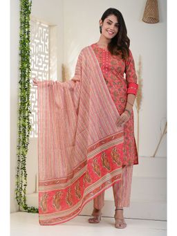 KIKU - Red Embroidered Kurta Pant with Dupatta (Set of 3)