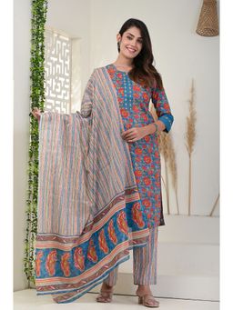 KIKU - Royal Blue Embroidered Kurta Pant with Dupatta (Set of 3)