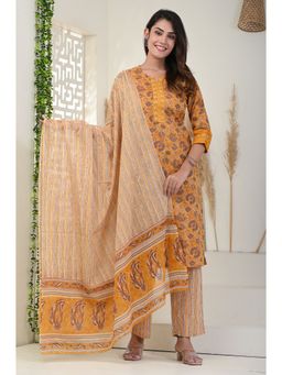 KIKU - Mustard Embroidered Kurta Pant with Dupatta (Set of 3)