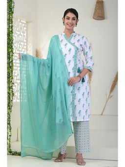 KIKU - White & Green Buta Angarkha Kurta Pant with Dupatta & Slip (Set of 4)
