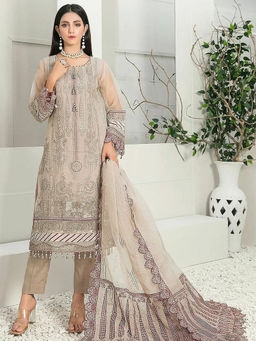 Odette - Beige Party Wear Embroidered Organza Semi Stitched Dress Material (Set of 3)