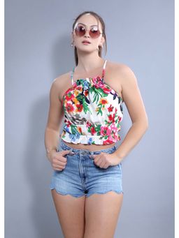 French Theory - Ecru Regular Fit Halter Neck Crop Top