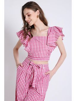 French Theory - Pink Checks Frilled Co-Ord Set Crop Top - Pink