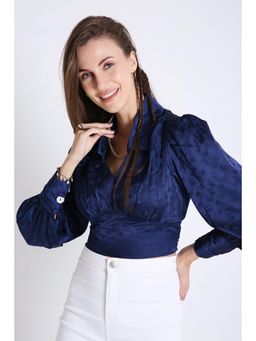 French Theory - Jaquard Satin Empire Yoke Top with Rushed Cuff Detail - Navy