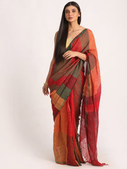 Angoshobha - Multi-Color Traditional Handloom Checks Linen Saree with Unstitched Blouse