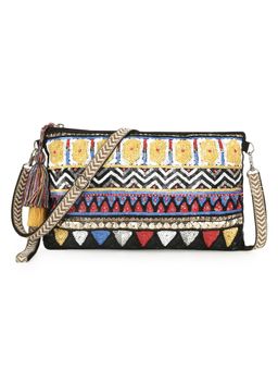 Anekaant - Tribal Black and Multi Acrylic Cotton Canvas Striped Embellished Sling Bag