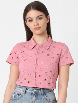 ONLY - Pink Schiffli Cropped Shirt