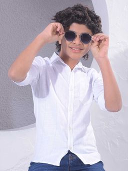 CRIMSOUNE CLUB - Boys White Vertical Stripes 100% Cotton Shirt