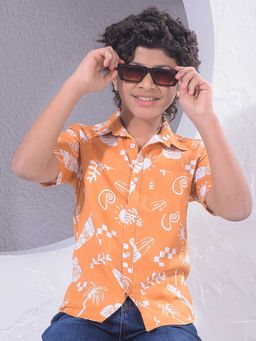 CRIMSOUNE CLUB - Boys Orange Motif Printed 100% Cotton Shirt
