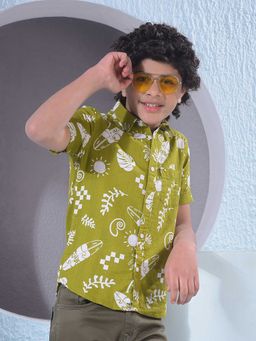 CRIMSOUNE CLUB - Boys Olive Motif Printed 100% Cotton Shirt
