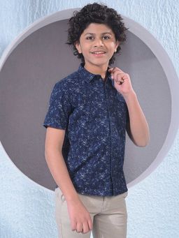 CRIMSOUNE CLUB - Boys Navy Blue Floral Print 100% Cotton Shirt