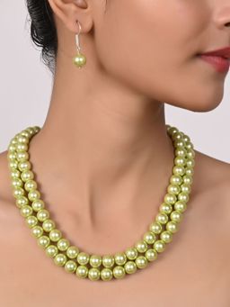 Ratnavali Jewels - Imitation Pearl 10mm Beads Dual Strand Necklace with Hook Earrings (Set of 2)