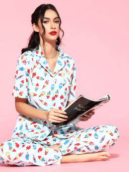 Drape In Vogue - Women Light Icecream Print Night Suit - Blue (XXL)