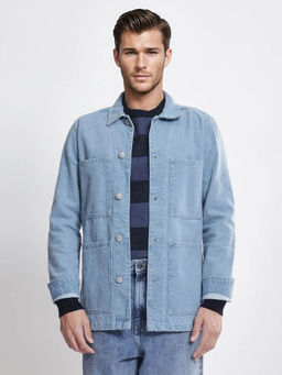 Rare Rabbit - Brond Light Blue Plain Regular Fit Jacket