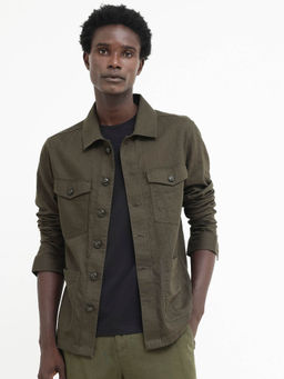 Rare Rabbit - Gatter Olive Plain Relaxed Fit Jacket