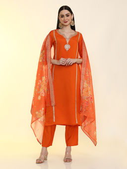 Jaipur Kurti - Women Orange Embroidered Regular Fit Kurta with Pant and Dupatta (Set of 3)