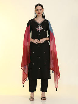 Jaipur Kurti - Women Black Floral Regular Fit Kurta with Pant and Dupatta (Set of 3)