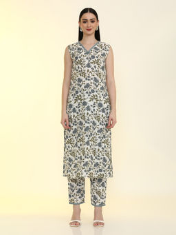 Jaipur Kurti - Women White Floral Regular Fit Kurta with Pant (Set of 2)