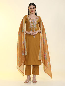 Jaipur Kurti - Women Mustard Embroidered Regular Fit Kurta with Pant and Dupatta (Set of 3)