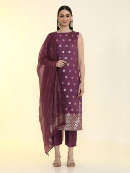 Jaipur Kurti - Women Wine Woven Regular Fit Kurta with Pant and Dupatta (Set of 3)