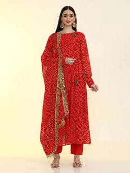 Jaipur Kurti - Women Red Printed Regular Fit Anarkali Kurta with Pant and Dupatta (Set of 3)