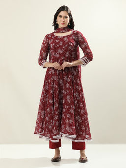 Jaipur Kurti - Women Maroon Printed Flared Fit Anarkali Kurta with Pant and Dupatta (Set of 3)