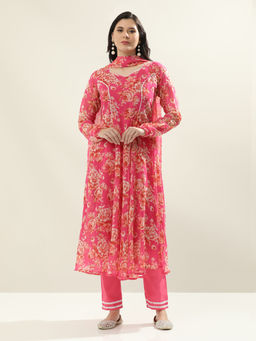 Jaipur Kurti - Women Pink Floral Flared Fit Anarkali Kurta with Pant and Dupatta (Set of 3)