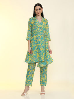 Jaipur Kurti - Women Yellow Printed Regular Fit Kurta with Pant (Set of 2)