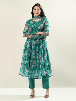 Jaipur Kurti - Women Green Floral Flared Fit Anarkali Kurta with Pant and Dupatta (Set of 3)