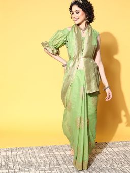 Sareemall - Cotton Blend Green Woven Design Saree With Unstitched Blouse