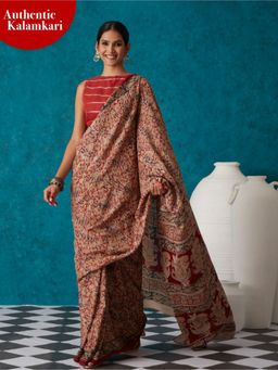 Likha - Red Kalamkari Hand Block Printed Saree with Unstitched Blouse LIKSAR06 (One Size)