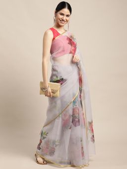 Vastranand - Grey & Red Floral Printed Organza Saree with Unstitched Blouse