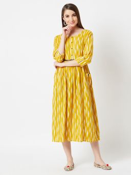 Miss Chase - Multicolor Round Neck 3-4 Sleeve Belted Printed Gathered Midi Dress