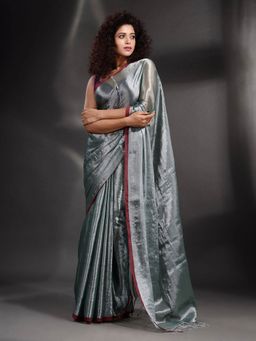 Arhi - Silver Tissue Handwoven Soft Saree with Unstitched Blouse