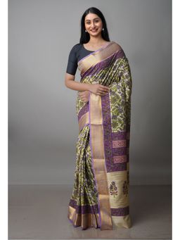 Unnati Silks - Beige Pure Handloom Bengal Tusshar Silk Saree with Unstitched Blouse