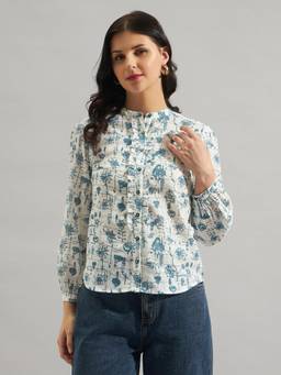 Twenty Dresses by Nykaa Fashion - Women Printed White & Blue Flex Mandarin Collar Top
