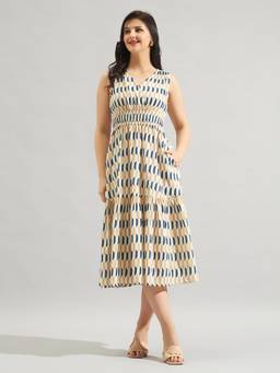 Twenty Dresses by Nykaa Fashion - Women Geometric Beige Sleeveless A-Line Midi Dress