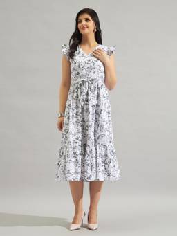 Twenty Dresses by Nykaa Fashion - Women Printed White V-Neck A-Line Midi Dress