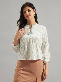 Twenty Dresses by Nykaa Fashion - Women Printed White & Blue Cotton Tie Up Neck Top