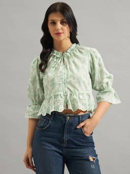 Twenty Dresses by Nykaa Fashion - Women Printed White & Light Green Schiffli Tie Up Neck Top