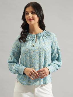Twenty Dresses by Nykaa Fashion - Women Printed Light Blue Rayon Crape Tie Up Neck Top