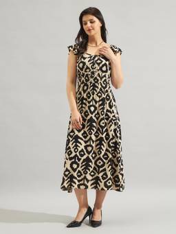 Twenty Dresses by Nykaa Fashion - Women Printed Beige Rayon Slub A-Line Midi Dress