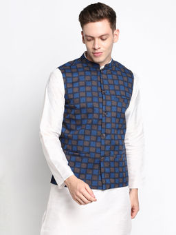 Devoiler - Men Navy Blue Checked Woven Pure Cotton Nehru Jacket