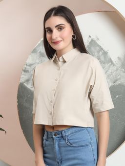 FITHUB - Spread Collar Raglan Sleeves Regular Fit Casual Crop Shirt